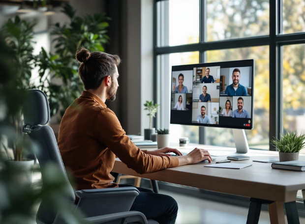 A professional attending a video conference on a desktop monitor in a bright home office with large windows and greenery.