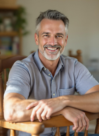 A cheerful middle-aged man with grey hair and a beard, sitting on a wooden chair and smiling warmly in a home-like setting