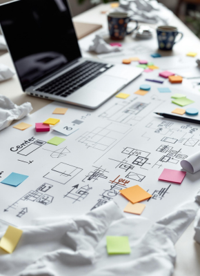 A workspace with a laptop, wireframe sketches, colourful sticky notes, and crumpled paper, representing the planning phase of a childcare center website design.