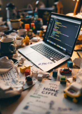 A laptop displaying HTML and CSS code on a cluttered desk filled with toys, crumpled paper, and coffee cups, representing web development for a childcare center.