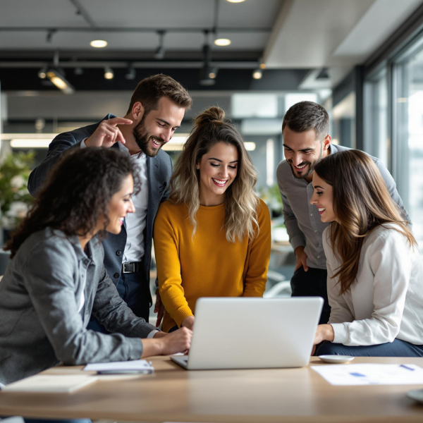 A group of five professionals collaborating around a laptop in a modern office, smiling and engaged in discussion.