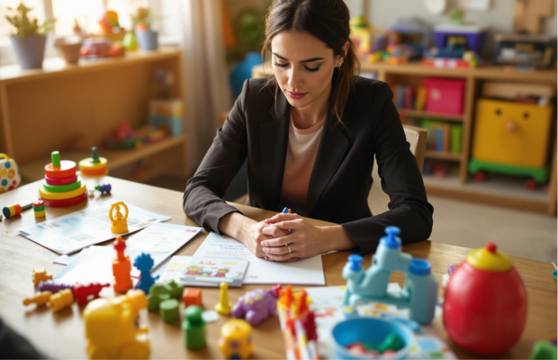 A childcare professional sitting at a desk surrounded by colourful toys and documents, focused on planning activities in a bright and organized playroom.