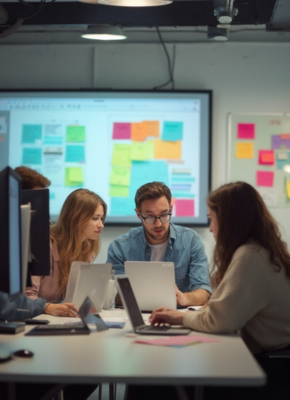 A team of professionals collaborating around a table with laptops, brainstorming in a room with colourful sticky notes and a presentation screen in the background."