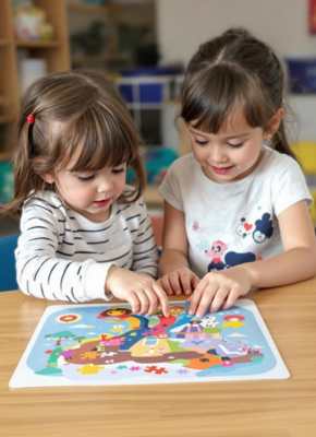 Two young girls working together on a colourful puzzle at a wooden table in a childcare setting.