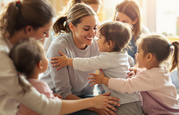 A group of children hugging a smiling childcare provider in a bright and cheerful playroom setting.