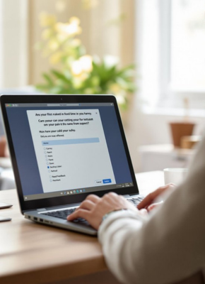 Close-up of a person completing an online childcare survey on a laptop in a bright, home-like setting with a plant and window in the background.