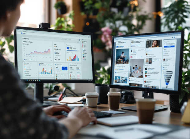 A professional working at a desk with dual monitors displaying analytics and social media dashboards, surrounded by coffee cups and greenery in a modern workspace.