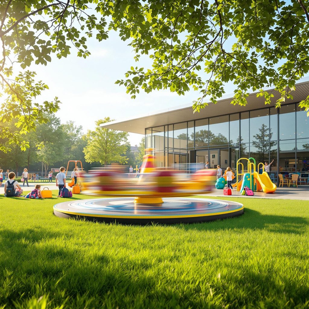 A colourful playground with a spinning carousel in front of a modern childcare center, surrounded by greenery and children playing