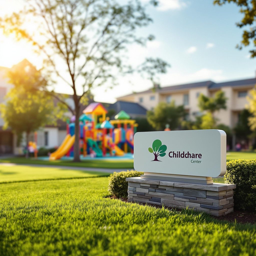 A neatly designed childcare center sign placed on a stone base, with a colourful playground and residential buildings in the background.