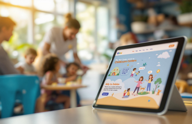 A tablet displaying a colourful childcare center website, set on a table in a daycare environment with children and a caregiver in the background