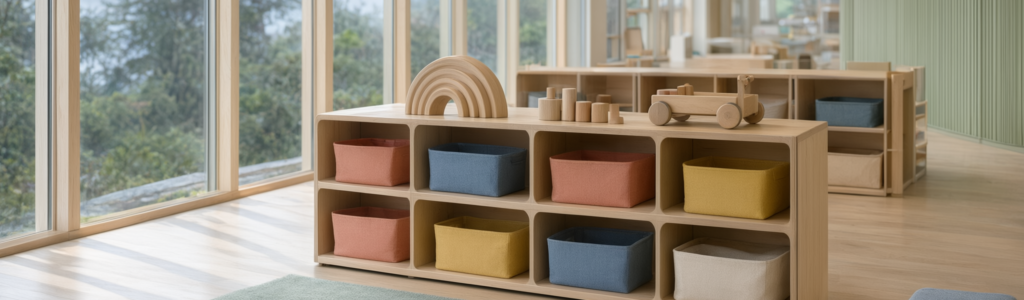 Bright, calm interior of a modern childcare centre in Burnaby, with soft daylight, pale timber shelving and plain colour-block baskets holding simple wooden toys