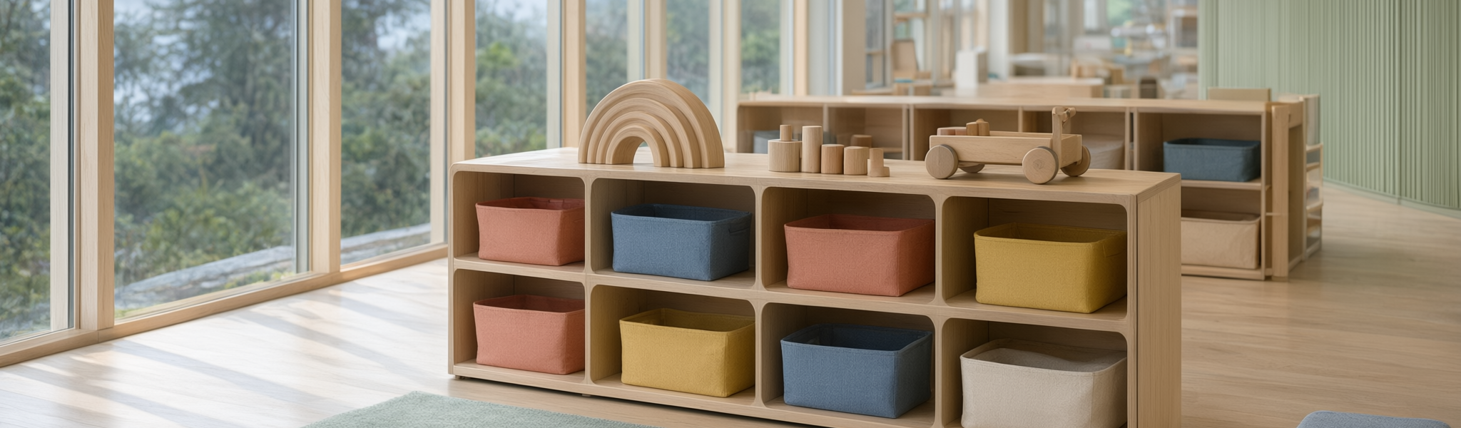 Bright, calm interior of a modern childcare centre in Burnaby, with soft daylight, pale timber shelving and plain colour-block baskets holding simple wooden toys