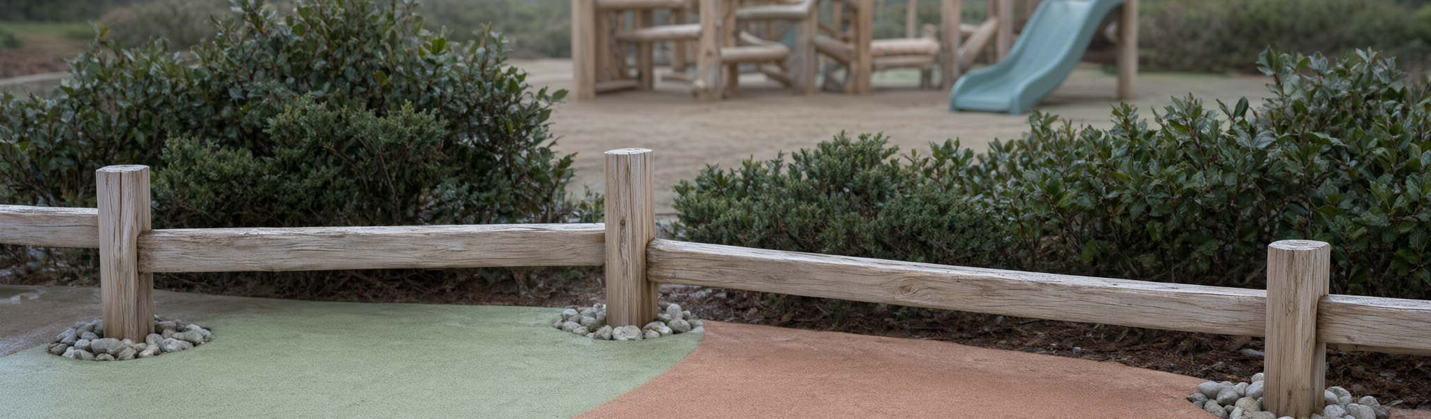 Outdoor playground at a modern childcare centre in Burnaby, with a low timber climbing frame, small slide, muted rubber safety surfacing and low shrubs