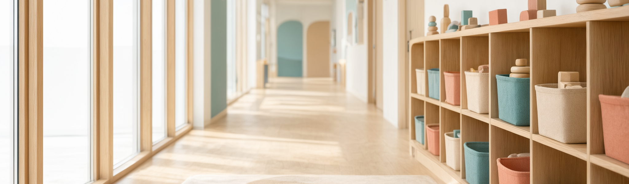 Wide, calm corridor in a modern Calgary childcare centre with soft daylight from tall windows, pale oak floors, and open wooden cubby shelving holding pastel baskets and simple wooden toys