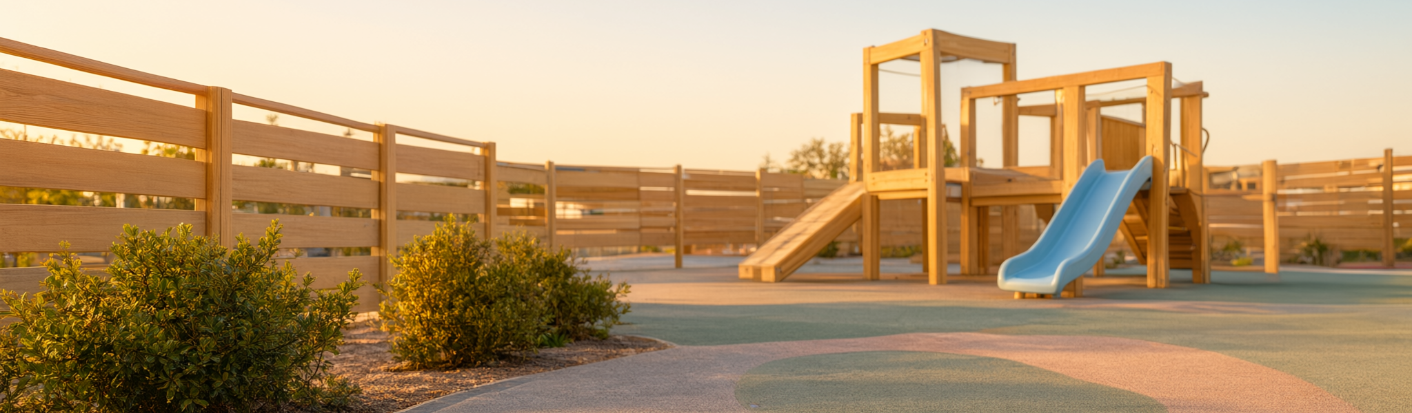 Wide view of a modern childcare centre outdoor playground at golden hour, with a low wooden climbing frame and small blue slide, rubber safety surfacing in muted colours, shrubs and a wooden fence