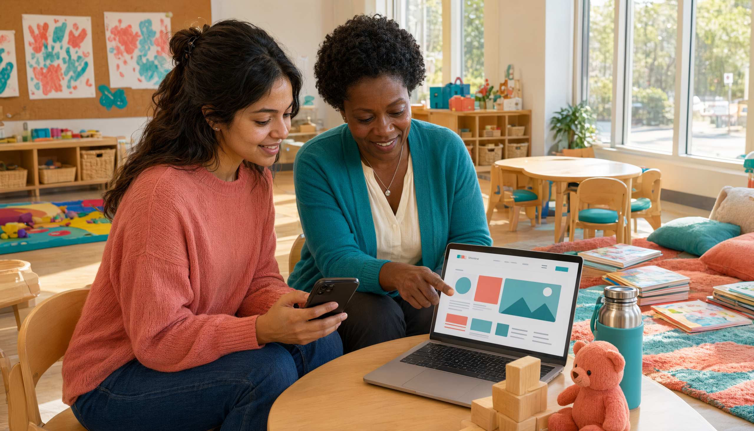 A childcare center director and parent reviewing a responsive website on a laptop and phone
