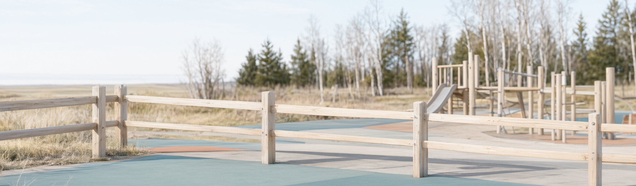 Outdoor playground at a modern childcare centre in Edmonton, with a low timber climbing frame, small slide, muted rubber safety surfacing and low shrubs
