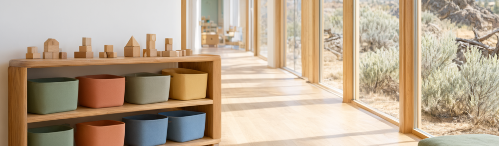Bright, calm interior of a modern childcare centre in Kelowna, with soft daylight, pale timber shelving and plain colour-block baskets holding simple wooden toys