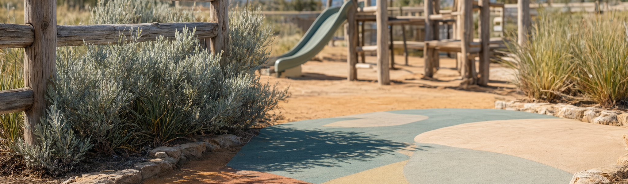 Outdoor playground at a modern childcare centre in Kelowna, with a low timber climbing frame, small slide, muted rubber safety surfacing and low shrubs