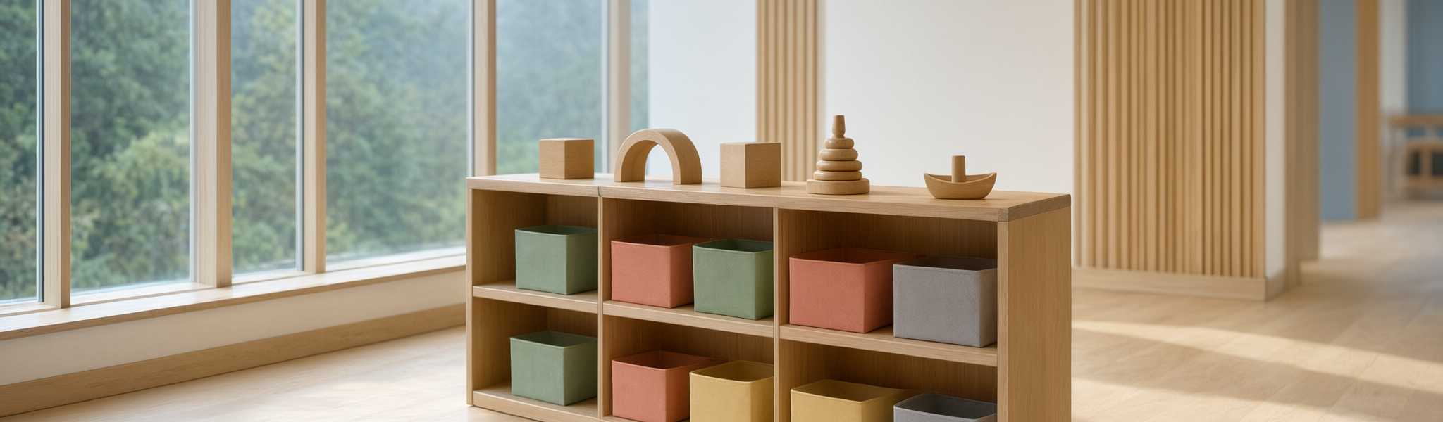 Bright, calm interior of a modern childcare centre in Langley, with soft daylight, pale timber shelving and plain colour-block baskets holding simple wooden toys