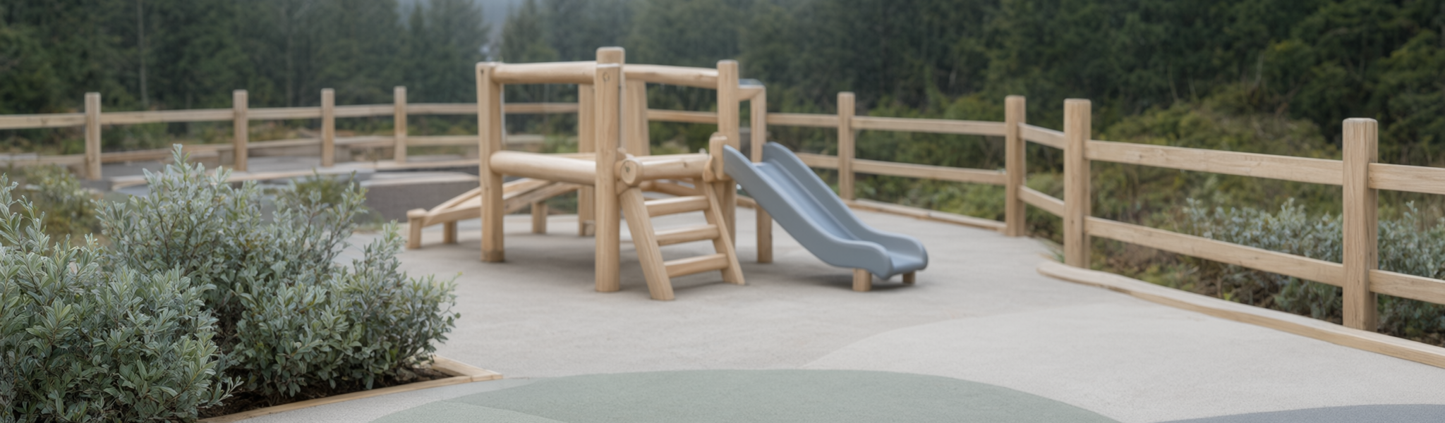 Outdoor playground at a modern childcare centre in Langley, with a low timber climbing frame, small slide, muted rubber safety surfacing and low shrubs