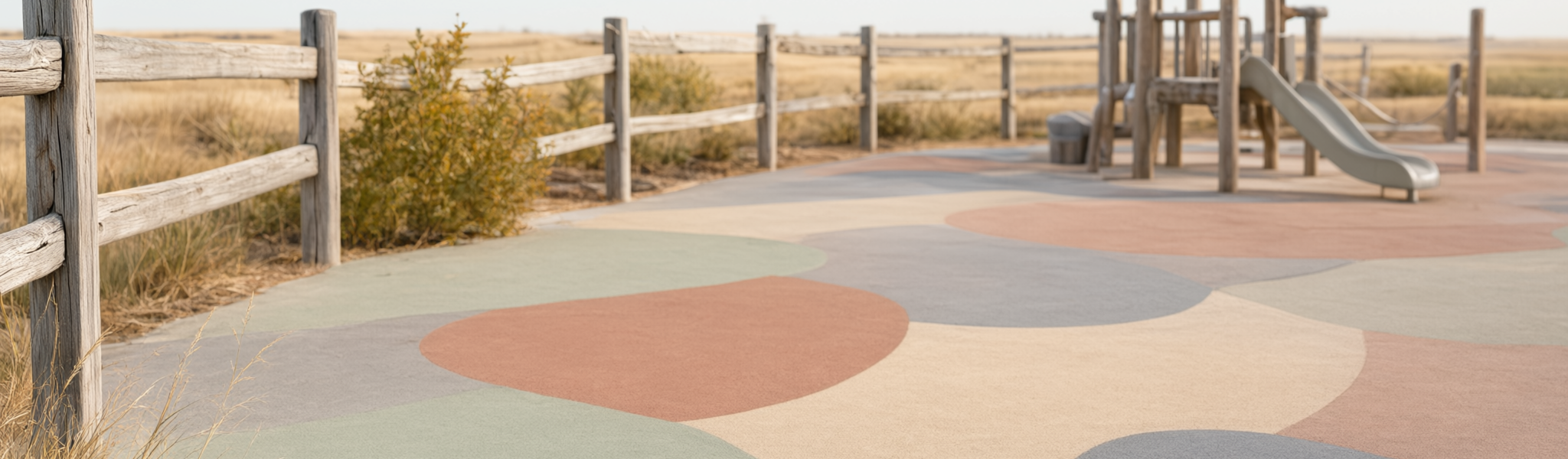 Outdoor playground at a modern childcare centre in Regina, with a low timber climbing frame, small slide, muted rubber safety surfacing and low shrubs