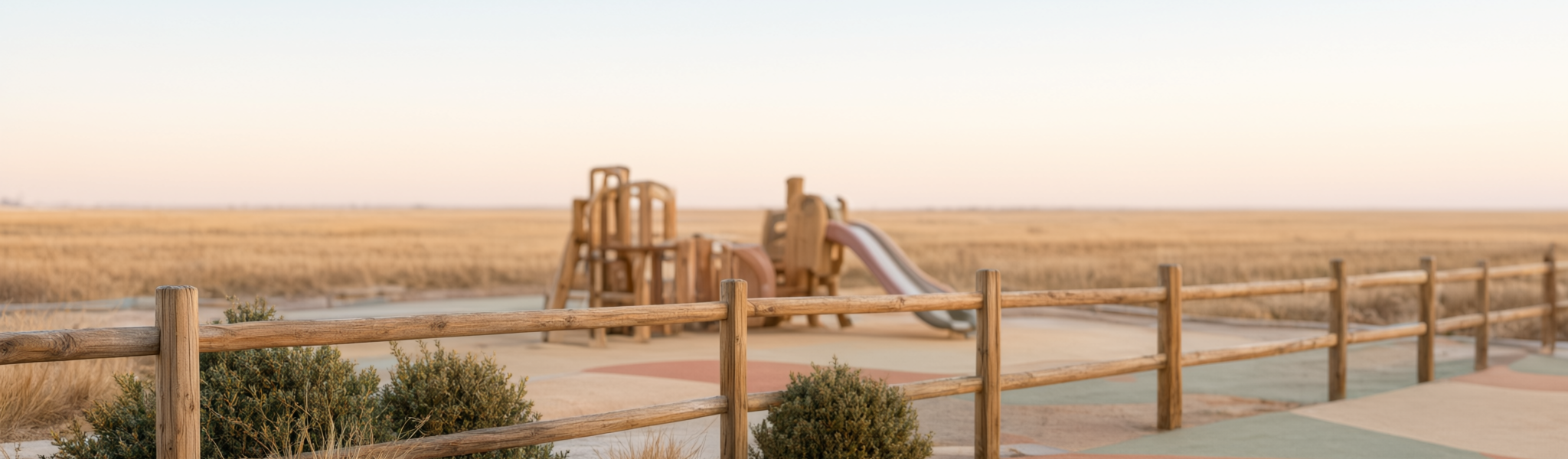 Outdoor playground at a modern childcare centre in Saskatoon, with a low timber climbing frame, small slide, muted rubber safety surfacing and low shrubs