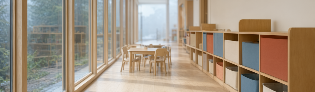 Bright, calm interior of a modern childcare centre in Surrey, with soft daylight, pale timber shelving and plain colour-block baskets holding simple wooden toys