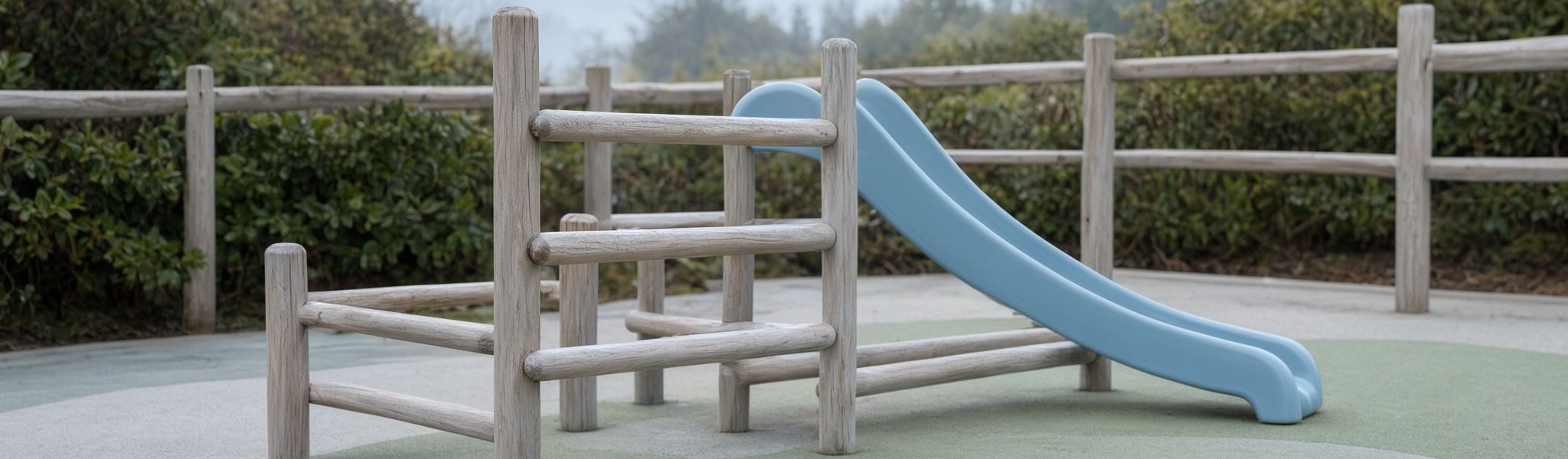Outdoor playground at a modern childcare centre in Surrey, with a low timber climbing frame, small slide, muted rubber safety surfacing and low shrubs