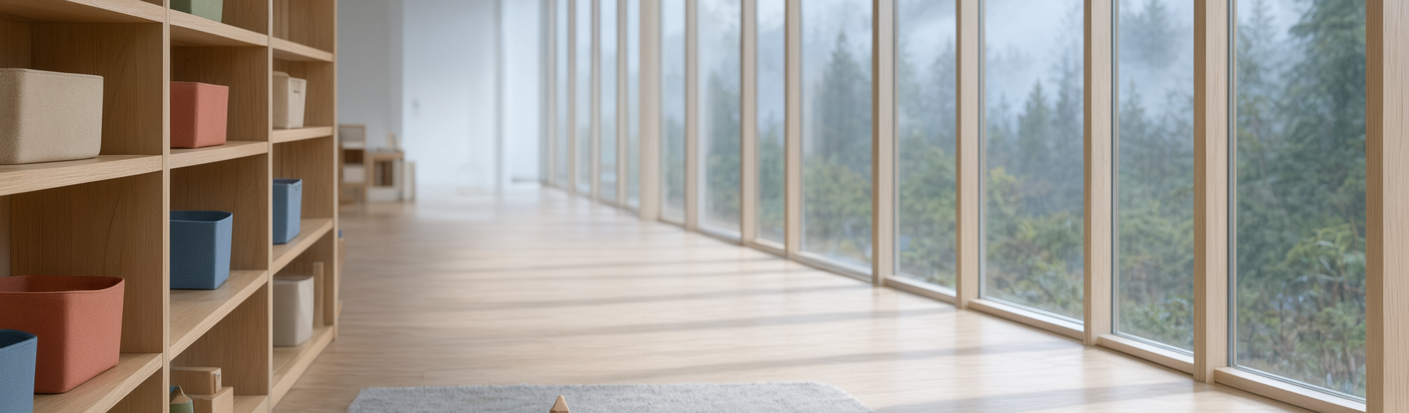 Bright, calm interior of a modern childcare centre in Vancouver, with soft daylight, pale timber shelving and plain colour-block baskets holding simple wooden toys