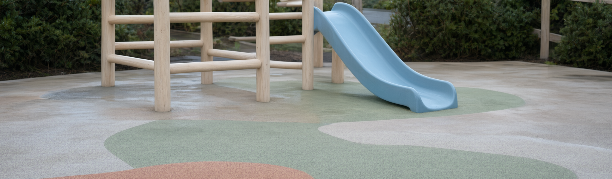 Outdoor playground at a modern childcare centre in Vancouver, with a low timber climbing frame, small slide, muted rubber safety surfacing and low shrubs