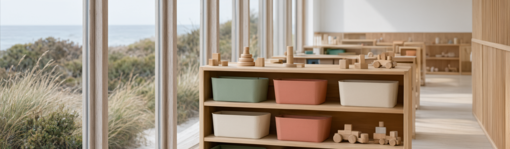 Bright, calm interior of a modern childcare centre in Victoria, with soft daylight, pale timber shelving and plain colour-block baskets holding simple wooden toys