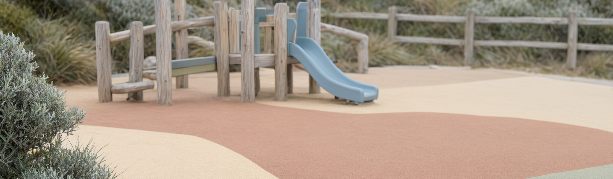 Outdoor playground at a modern childcare centre in Victoria, with a low timber climbing frame, small slide, muted rubber safety surfacing and low shrubs