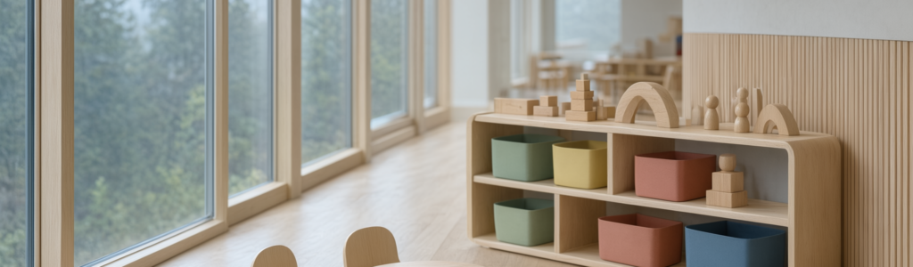 Bright, calm interior of a modern childcare centre in White Rock, with soft daylight, pale timber shelving and plain colour-block baskets holding simple wooden toys