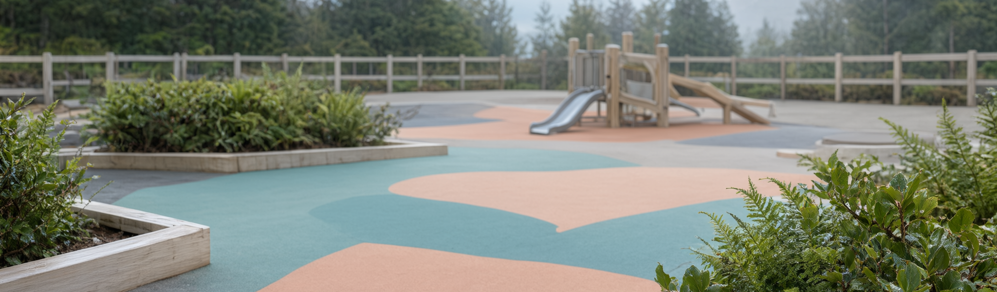 Outdoor playground at a modern childcare centre in White Rock, with a low timber climbing frame, small slide, muted rubber safety surfacing and low shrubs