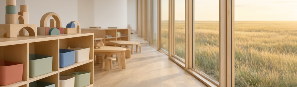 Bright, calm interior of a modern childcare centre in Winnipeg, with soft daylight, pale timber shelving and plain colour-block baskets holding simple wooden toys
