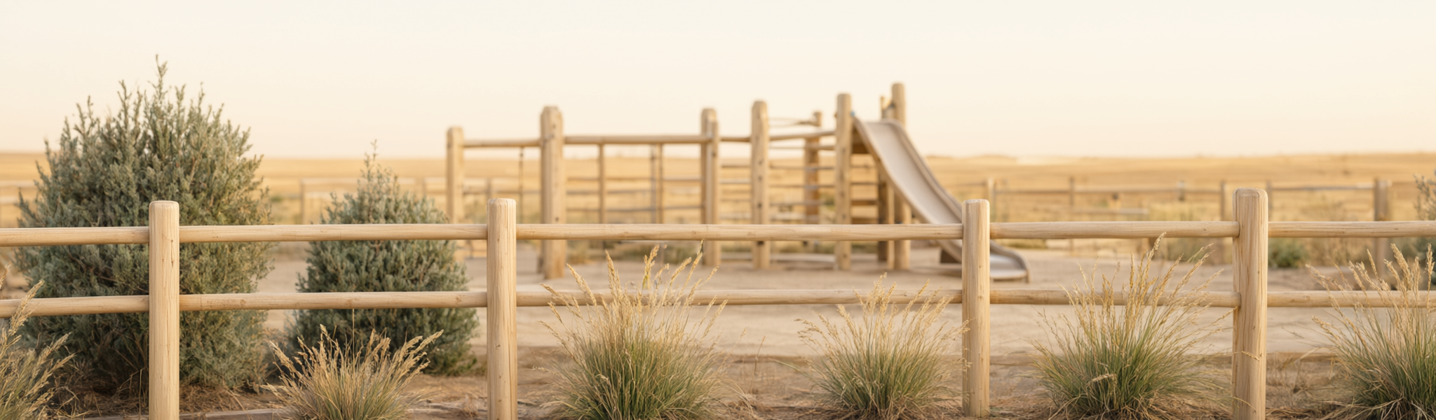 Outdoor playground at a modern childcare centre in Winnipeg, with a low timber climbing frame, small slide, muted rubber safety surfacing and low shrubs